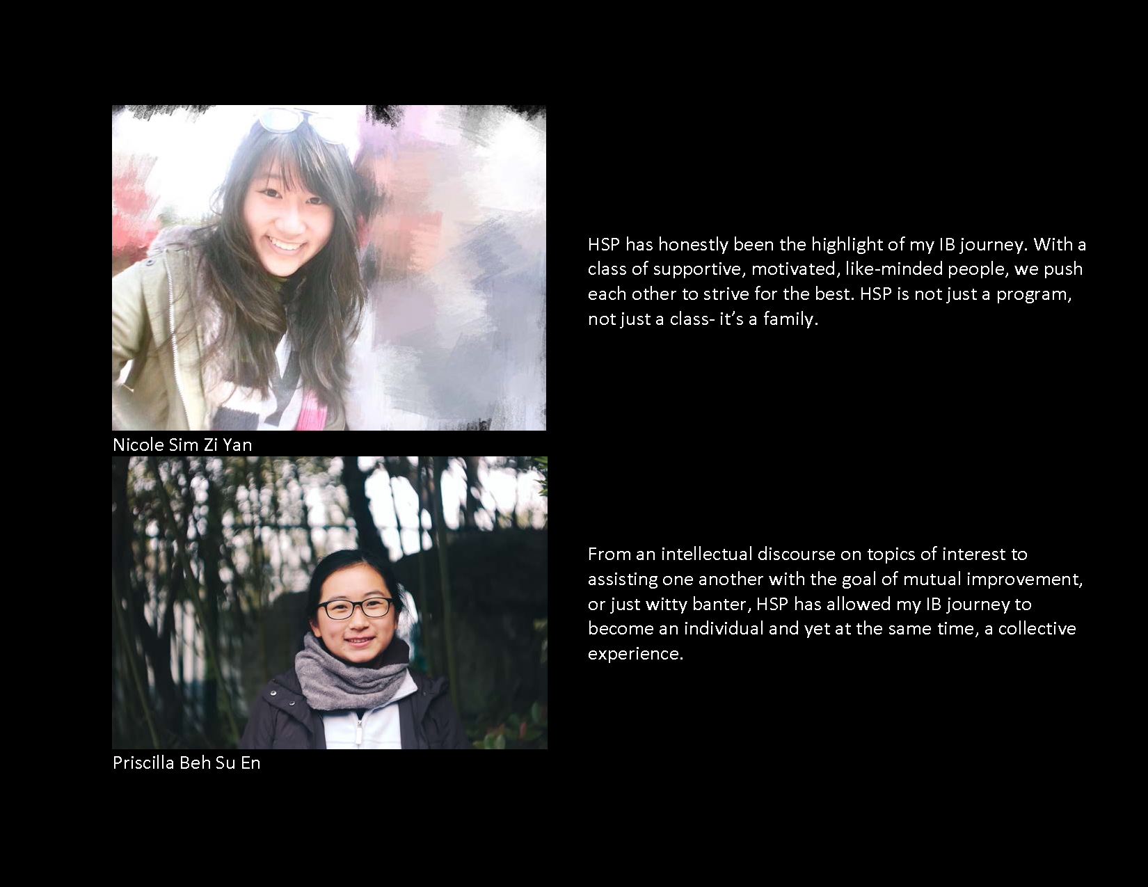 Two young women, Nicole Sim Zi Yan and Priscilla Beh Su En, shown in separate outdoor photos with quotes about HSP.