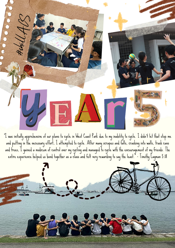 Scrapbook collage with students at a table, playing with a ball, sitting by water, and colorful text reading Year 5.