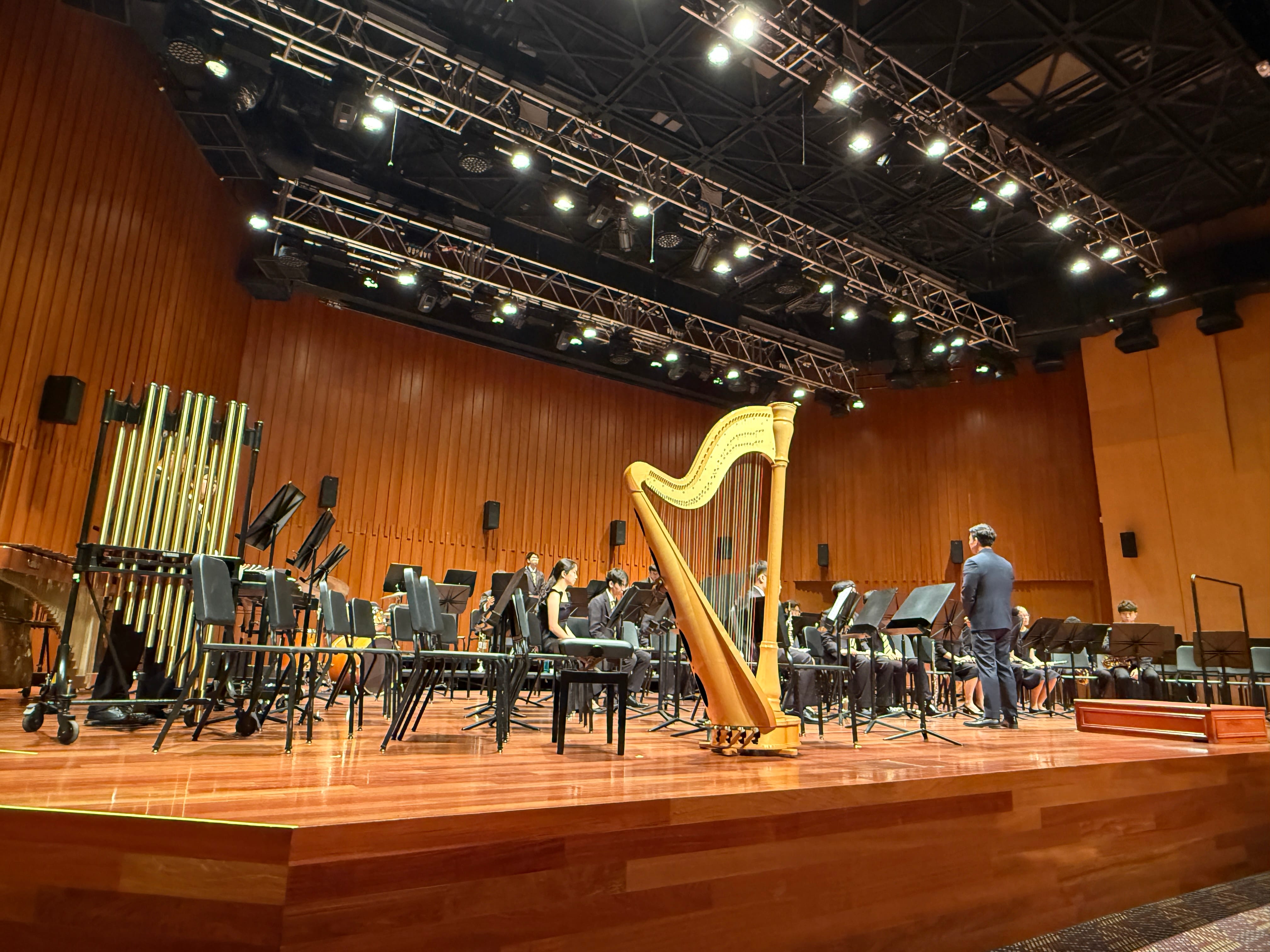 Orchestra musicians on a wooden concert stage with a large harp, chimes, and music stands under bright ceiling lights.
