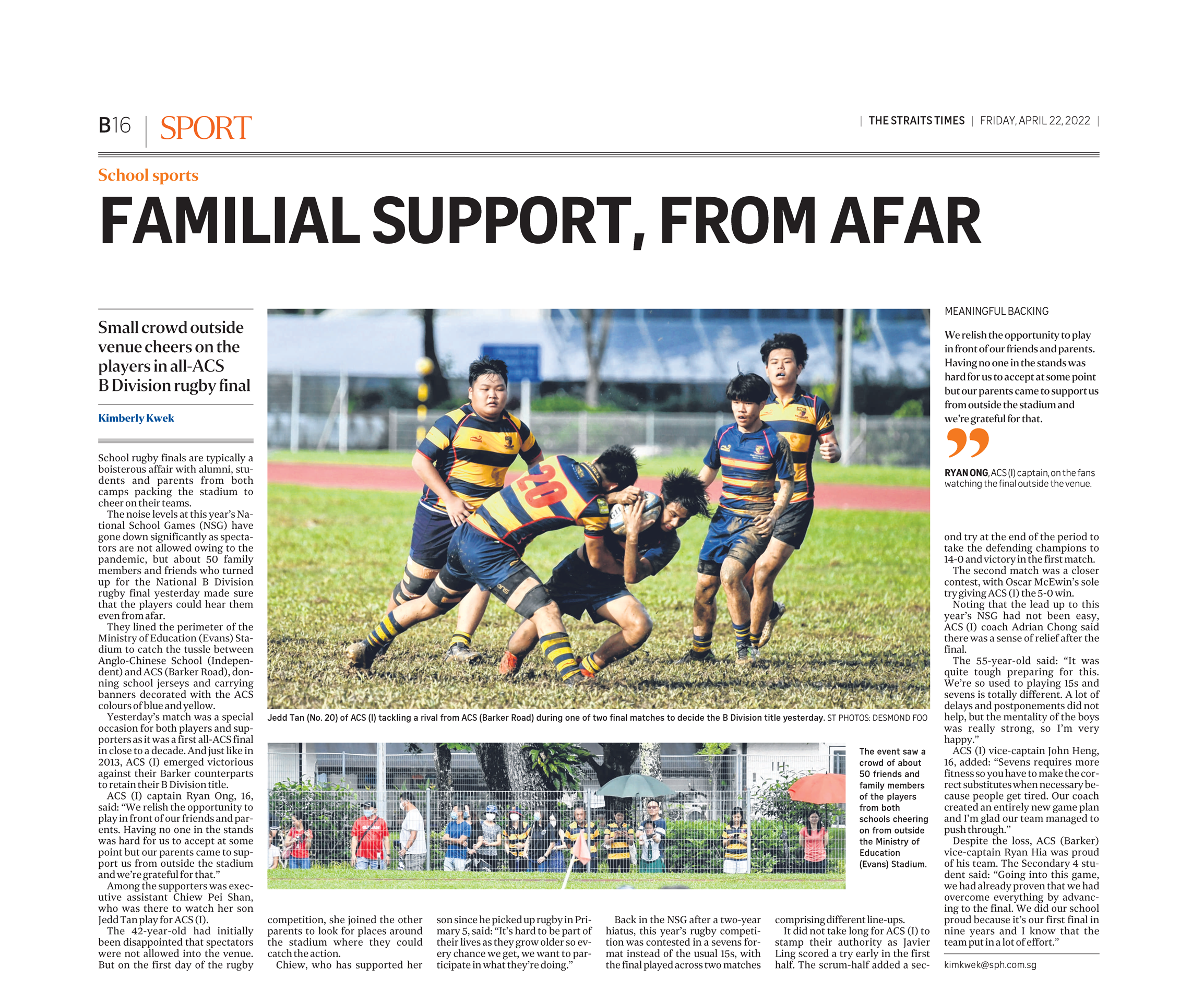 Newspaper sports page titled "Familial Support, From Afar" showing youth rugby players tackling during a school final match.