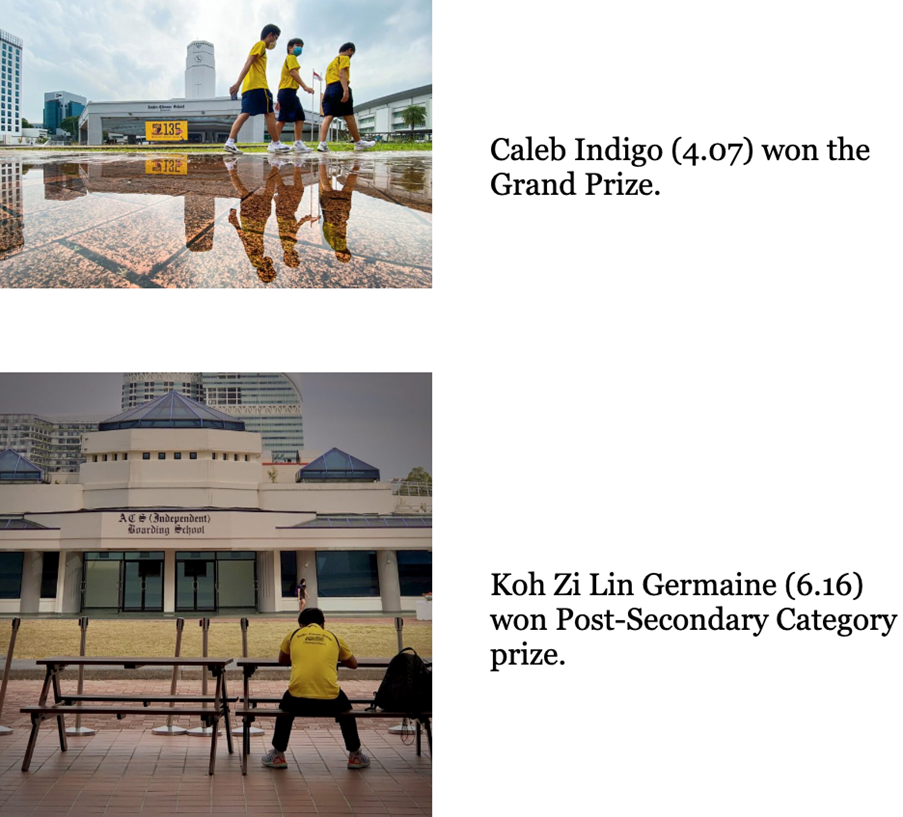 Two prize-winning photos: students in yellow reflected in puddle, and a student sitting alone outside a boarding school.