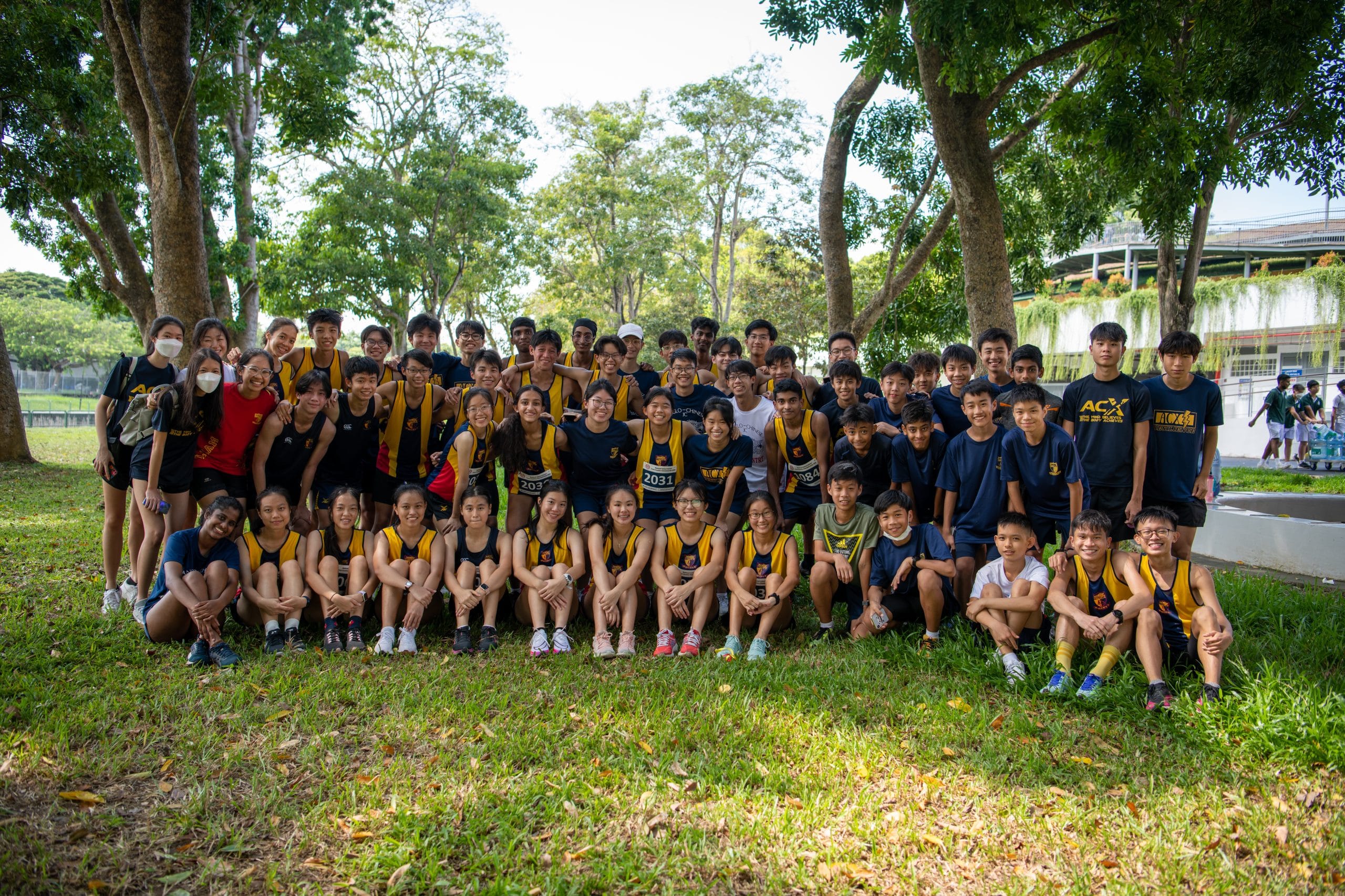 Large group of young athletes in yellow and navy uniforms posing together on grass under trees outdoors.