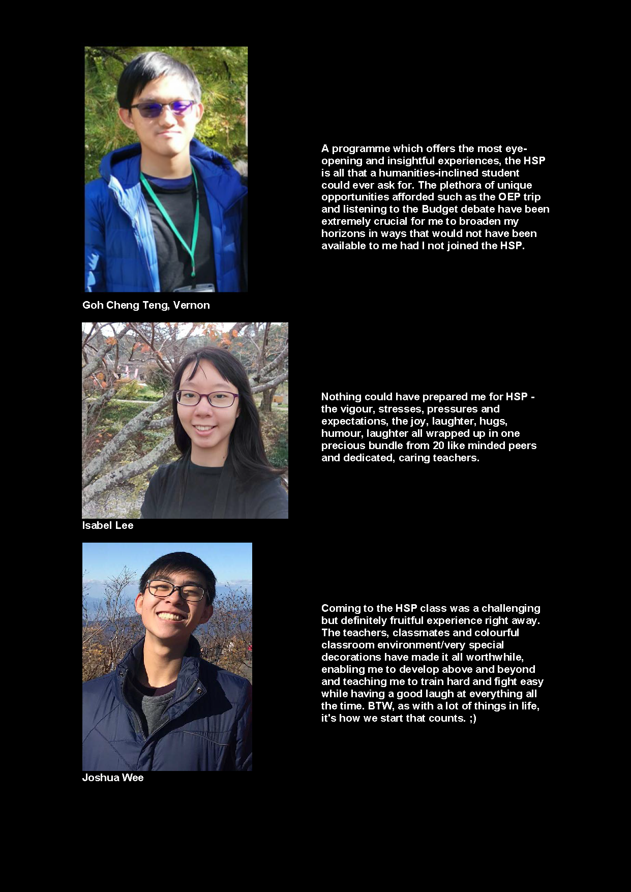 Three student profiles with photos and quotes about HSP: Vernon in sunglasses, Isabel smiling outdoors, and Joshua wearing glasses.