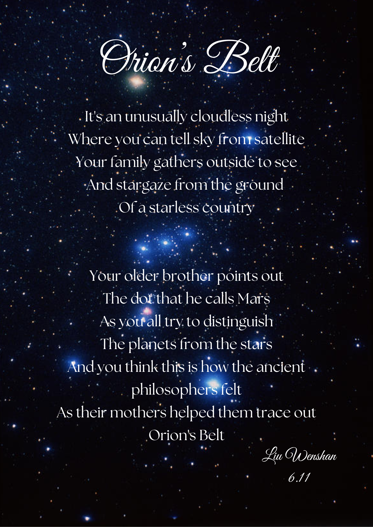 Poem titled Orion's Belt by Liu Wenshan overlaid on a dark blue starry night sky background.