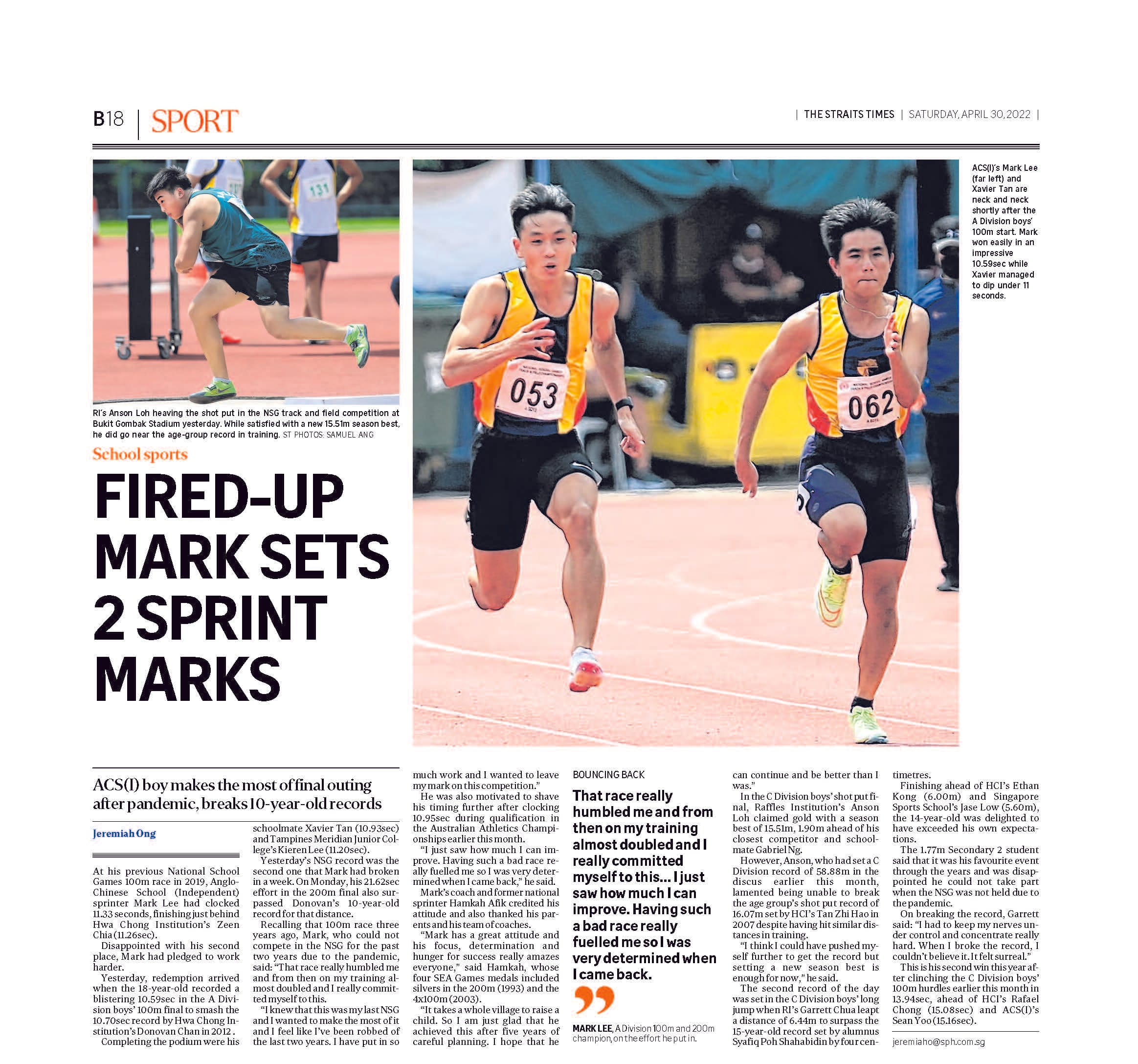 Newspaper sports page showing two male sprinters racing on a track, with a smaller inset of a shot put athlete.