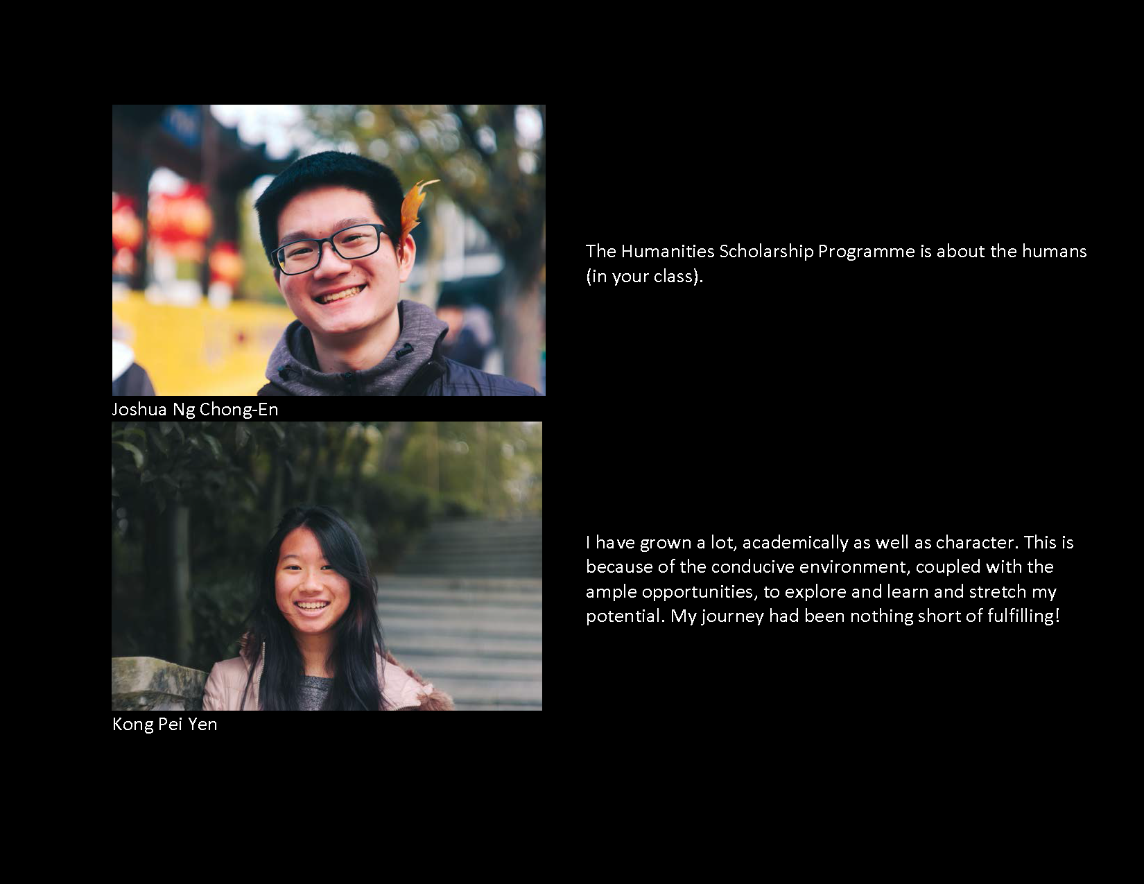 Two student portraits: Joshua Ng Chong-En smiling outdoors, and Kong Pei Yen smiling near steps, with scholarship quotes beside each.
