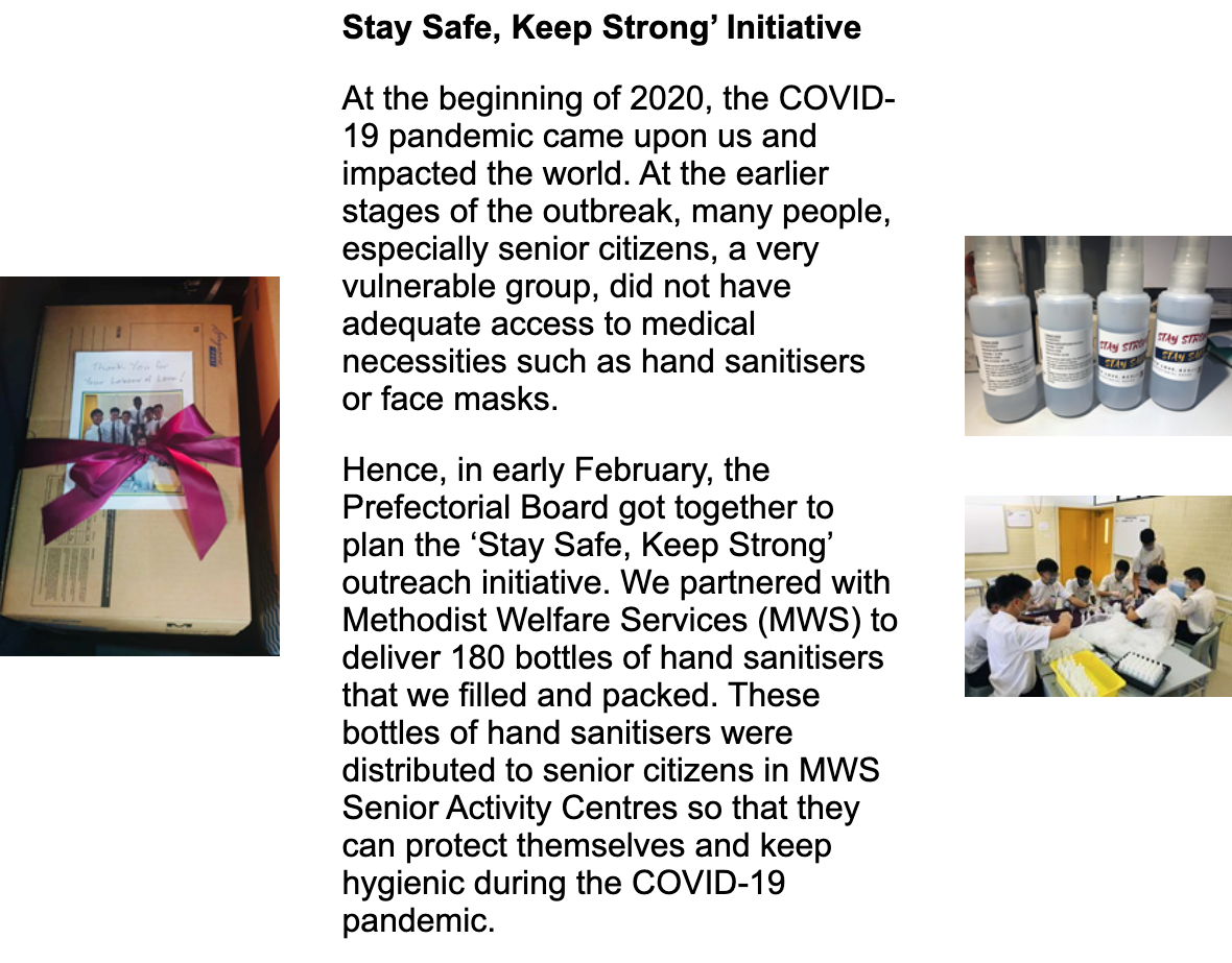 Flyer about Stay Safe Keep Strong initiative showing a gift box, sanitiser bottles, and students packing supplies.