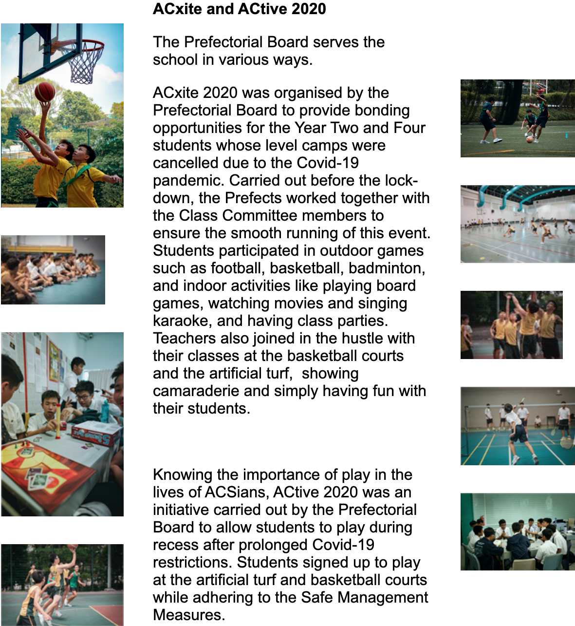Flyer for ACxite and ACtive 2020 with text and photos of students playing basketball, football, badminton, and board games.