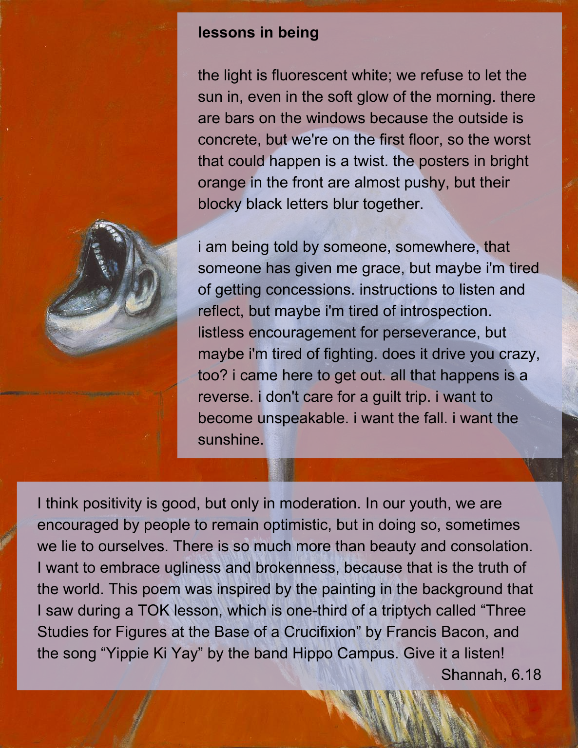 Poem titled "lessons in being" overlaid on a Francis Bacon painting with a screaming figure on red background.
