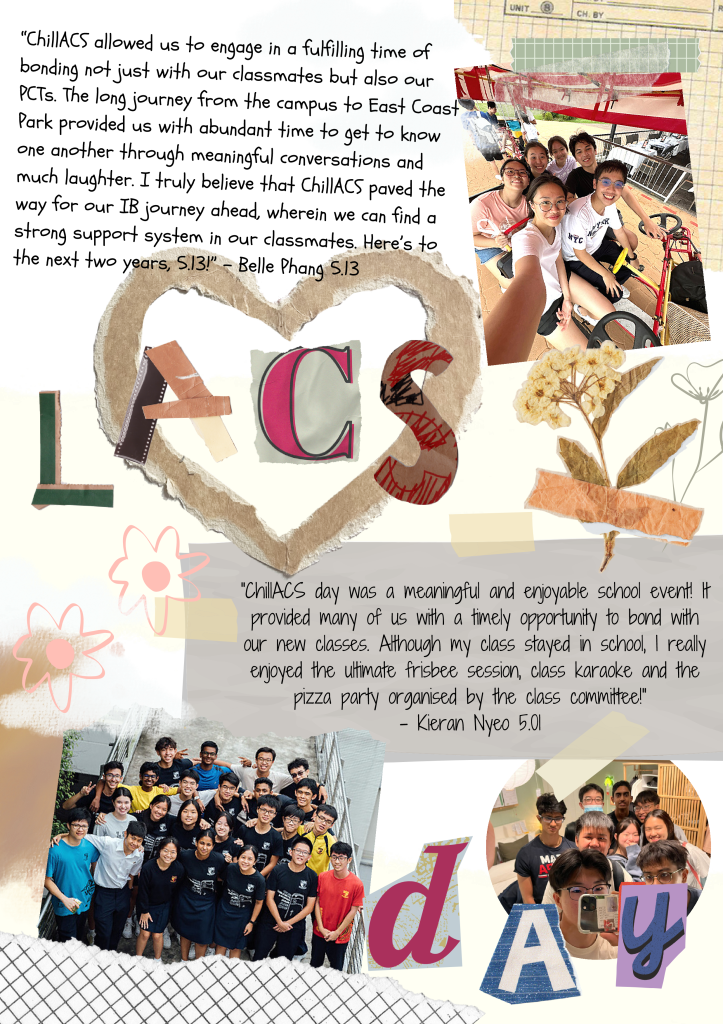 Scrapbook page for ChillACS school event with student quotes, group photos, heart with letters, and flower doodles.