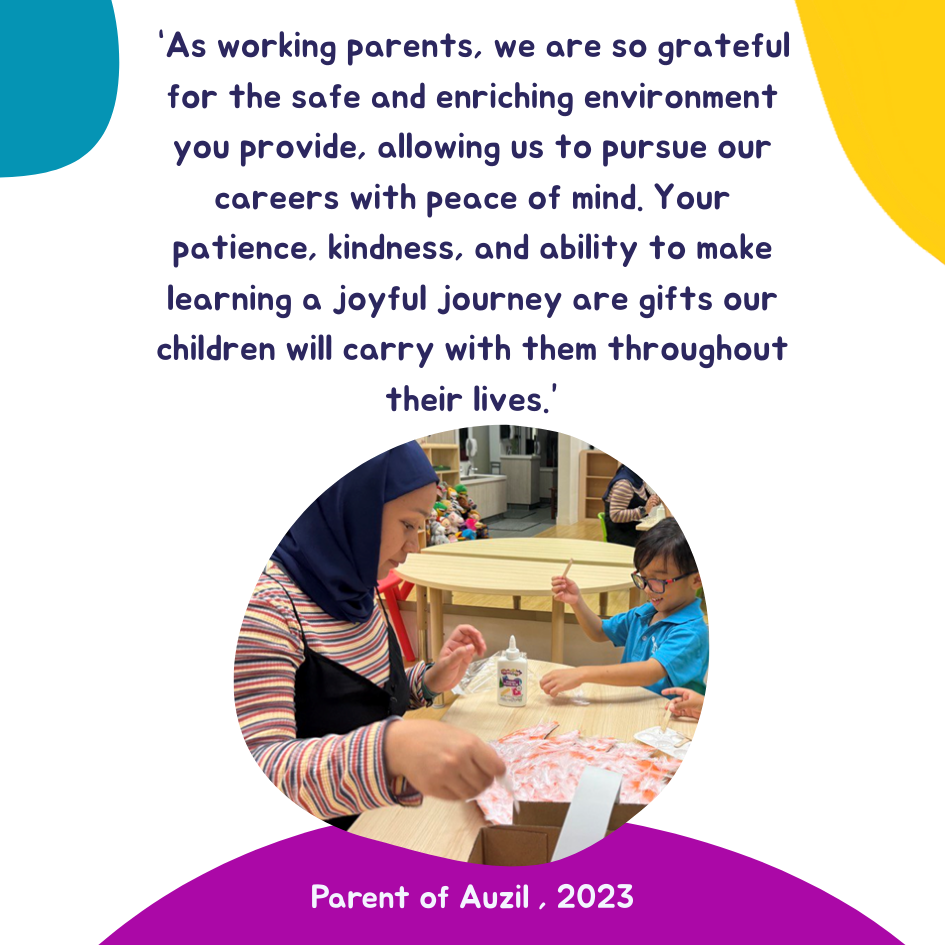 A woman in a hijab and a young child do a craft activity at a table, with a parent quote above.