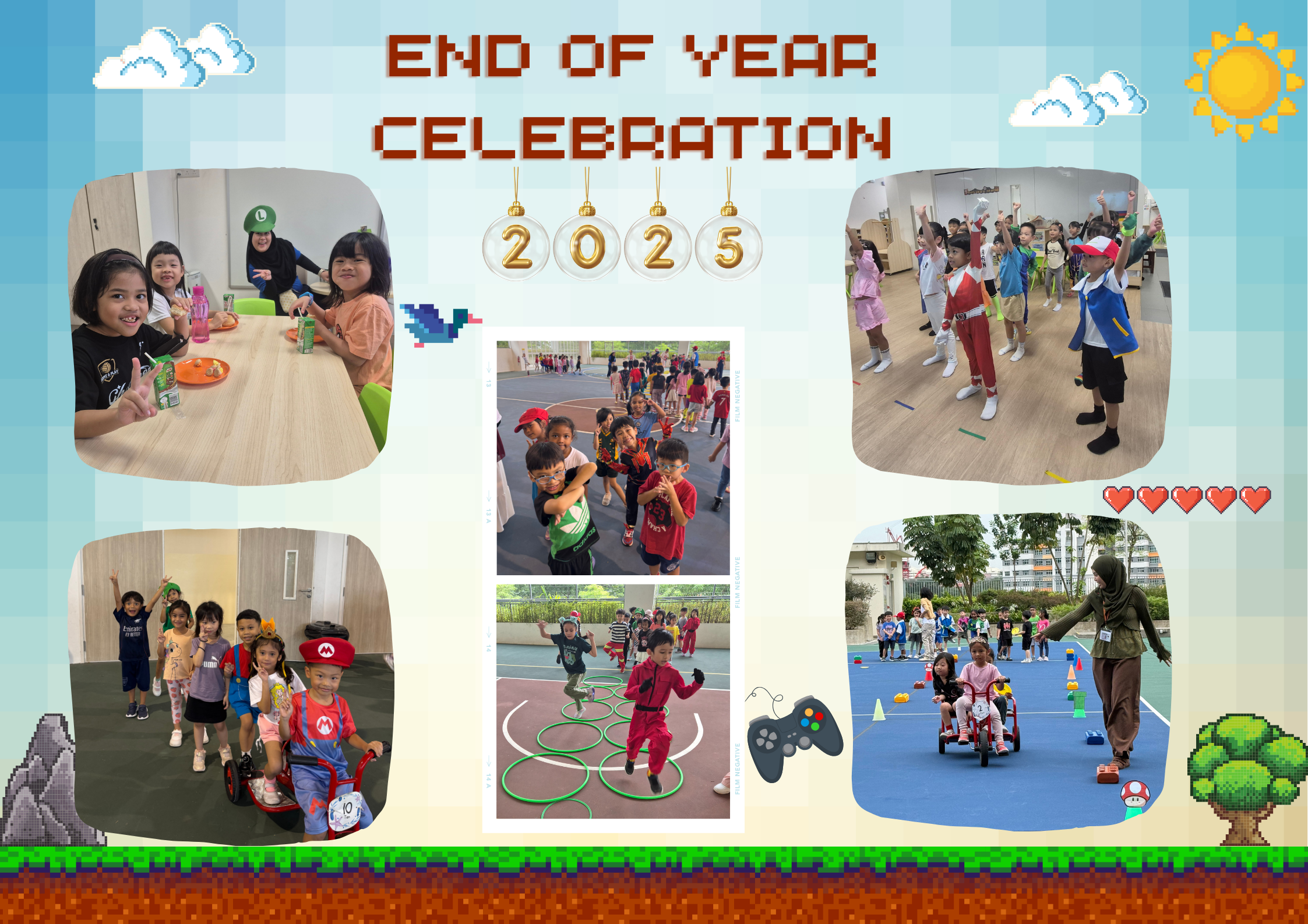 A collage of children at an End of Year Celebration 2025 event, playing games, dancing, and wearing costumes.