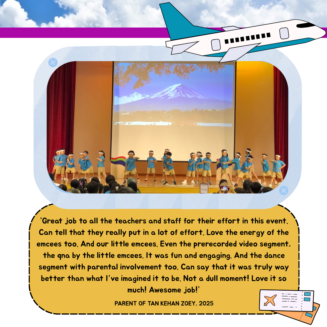 Children in blue shirts perform on stage before a Mount Fuji backdrop, with a parent quote praising the event below.