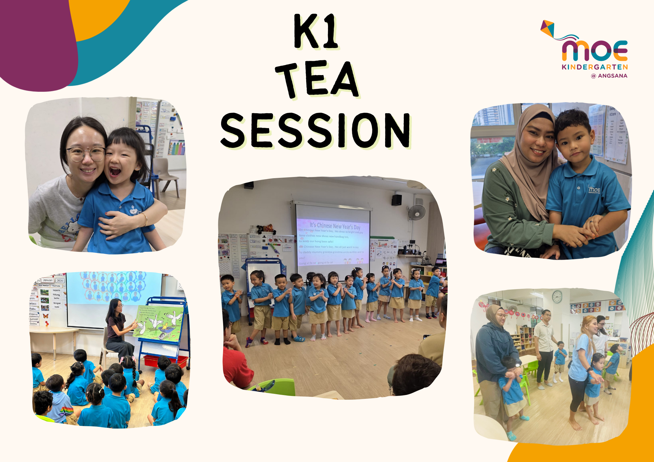 Collage of K1 students having tea session in school
