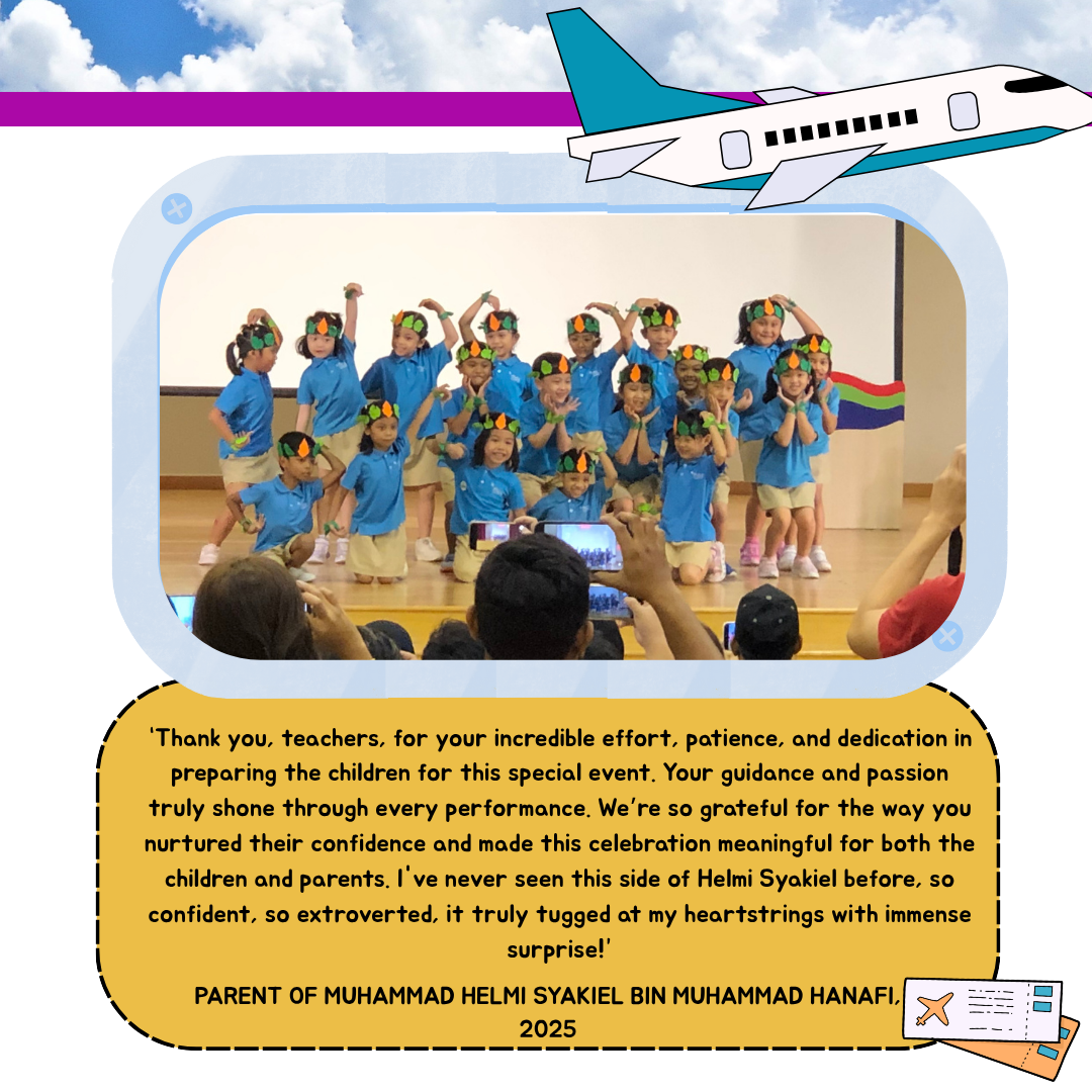 Young children in blue uniforms and decorative headbands pose on a stage while parents photograph them.