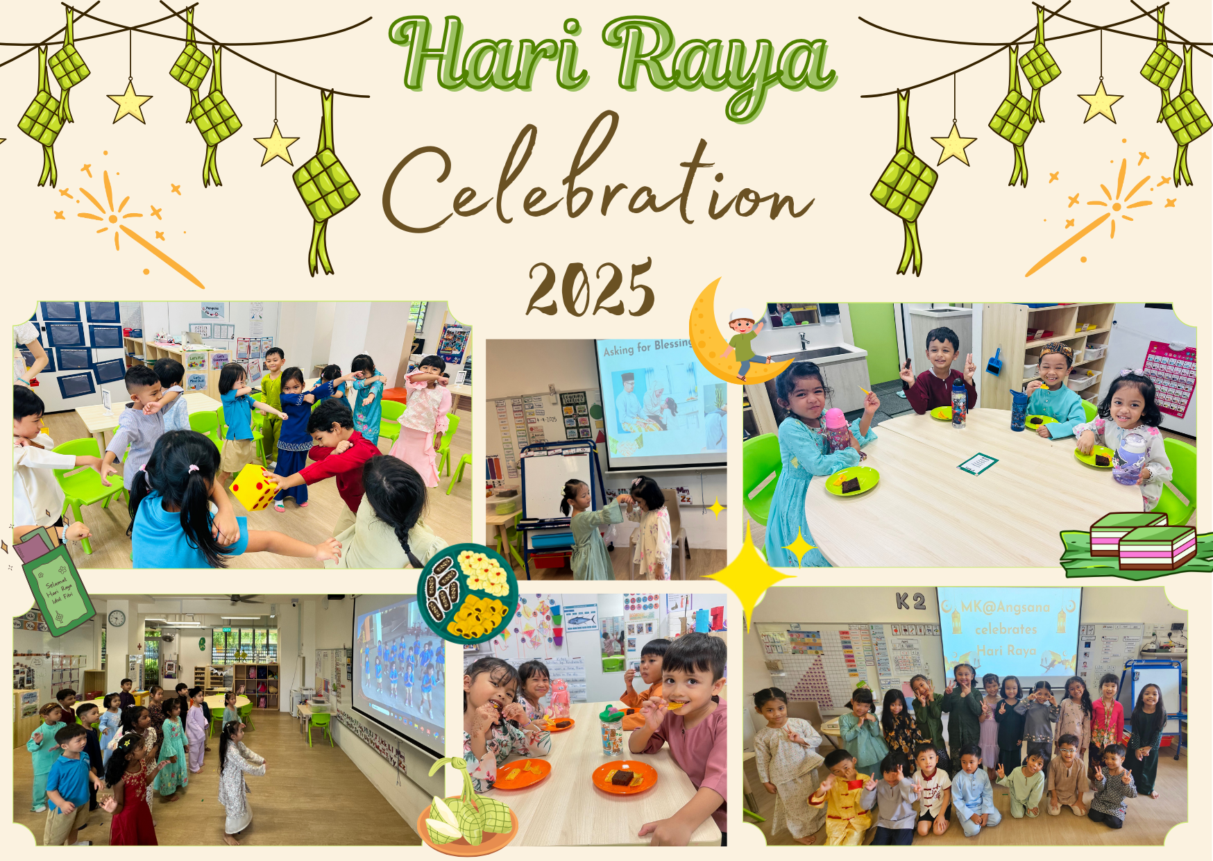 Collage of young children in traditional clothes celebrating Hari Raya 2025 in a classroom setting.