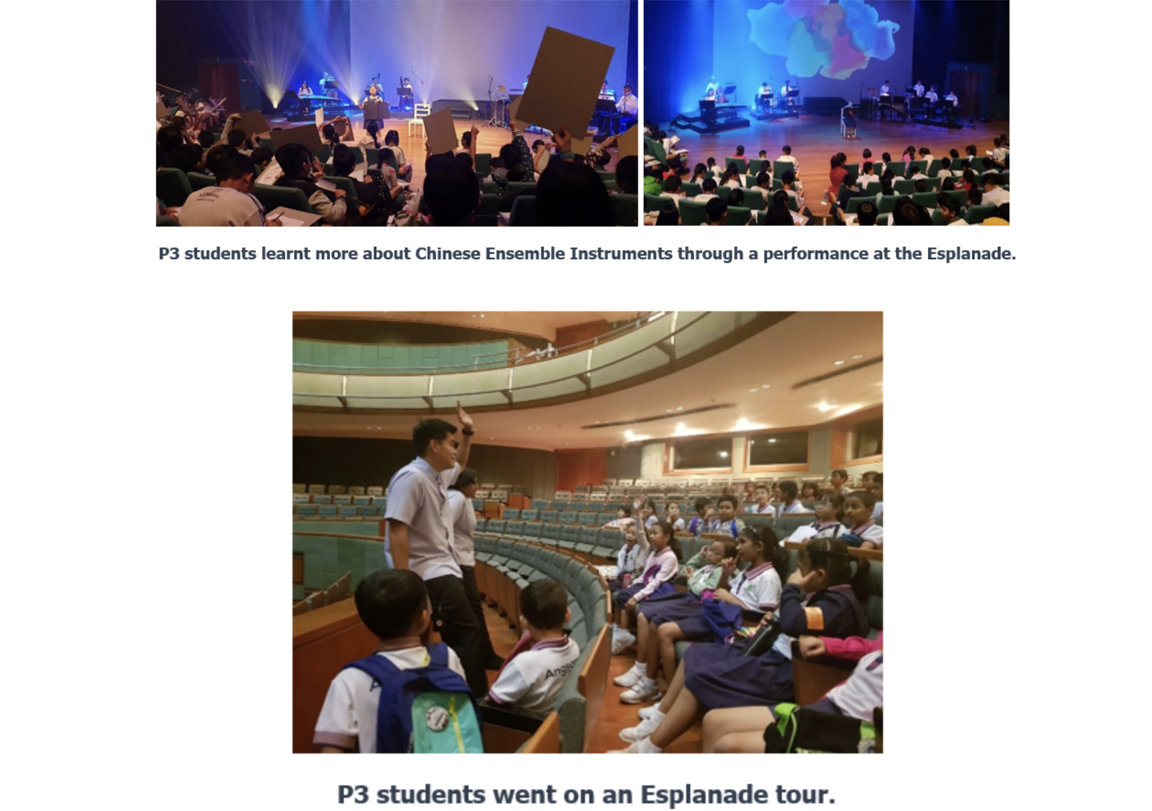Students seated in an auditorium watching a stage performance, and a group of young students on a theater tour.