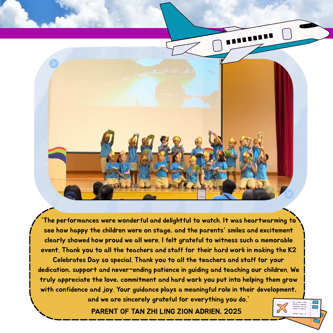 Young children in blue uniforms perform on stage holding colorful props, with a parent testimonial and airplane illustration below.