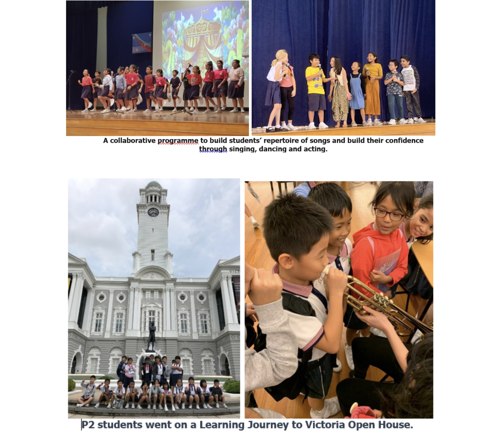 Four photos showing students performing on stage, posing at Victoria Theatre, and examining a trumpet.