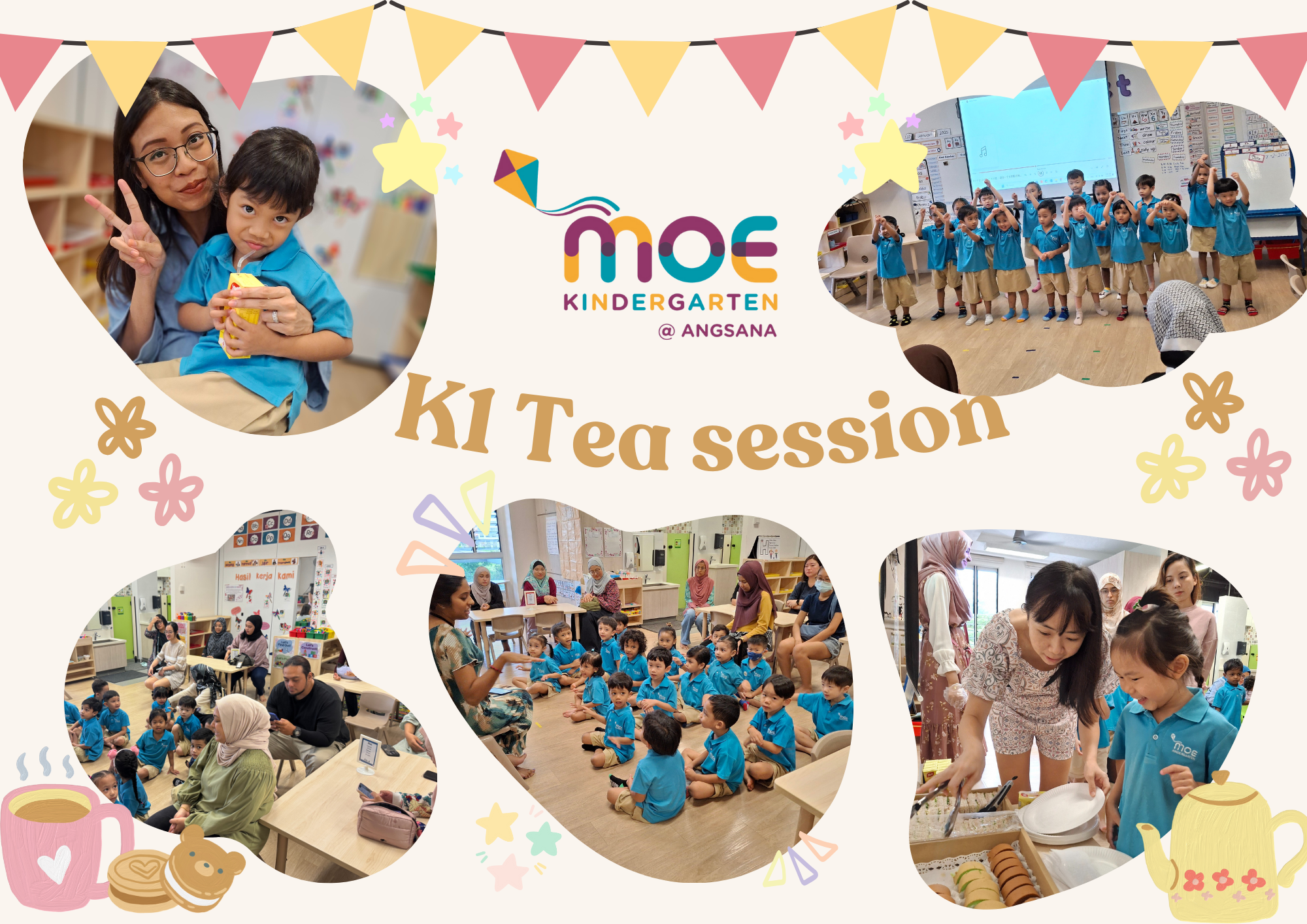 Collage of young children in blue uniforms at MOE Kindergarten Angsana K1 Tea Session with parents.