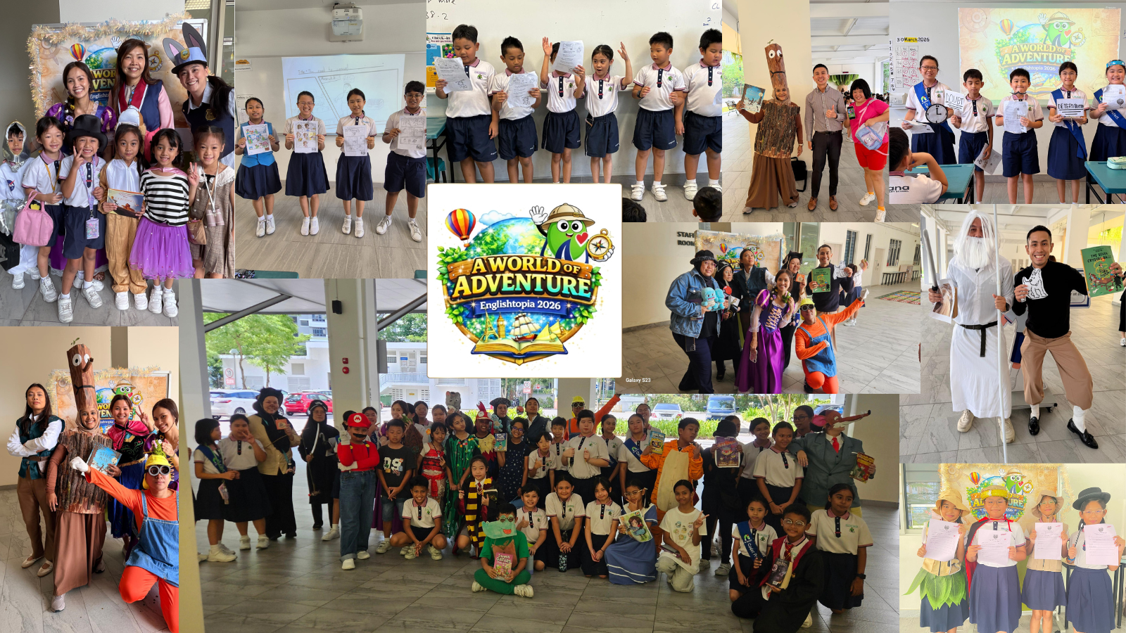 Collage of school children and teachers in costumes for Englishtopia 2026 A World of Adventure event.