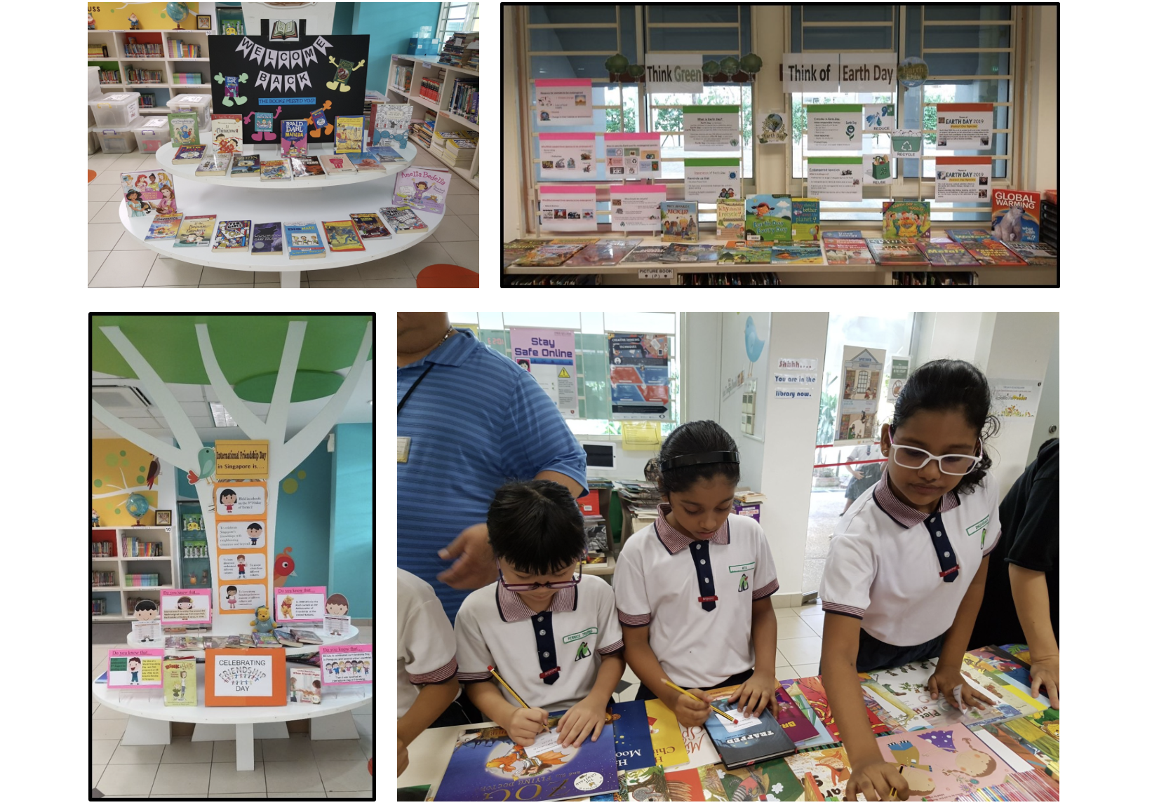 Four school library photos showing book displays and three uniformed students browsing books at a table.
