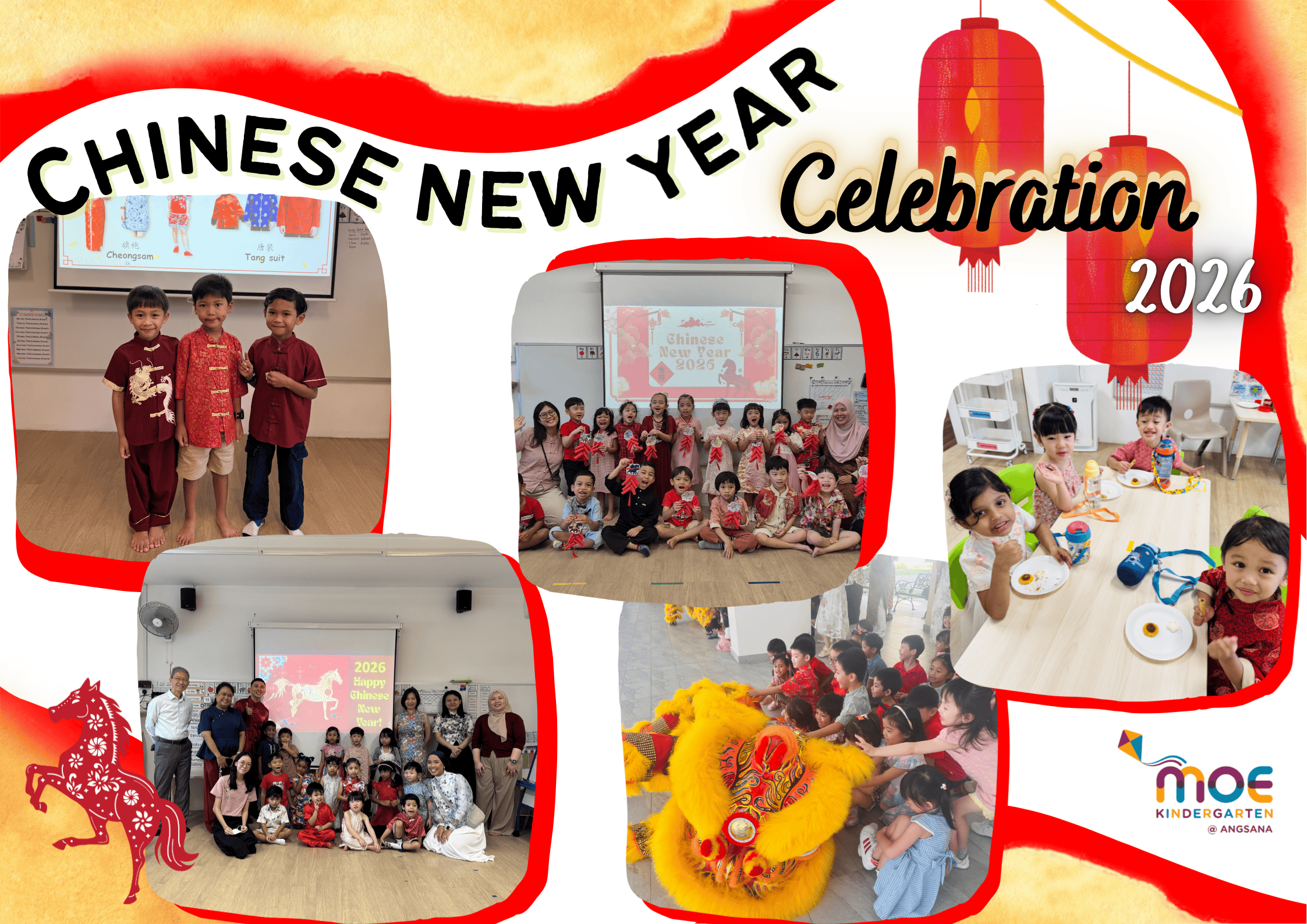 Children in traditional attire celebrate Chinese New Year 2026 at MOE Kindergarten Angsana with lion dance and activities.