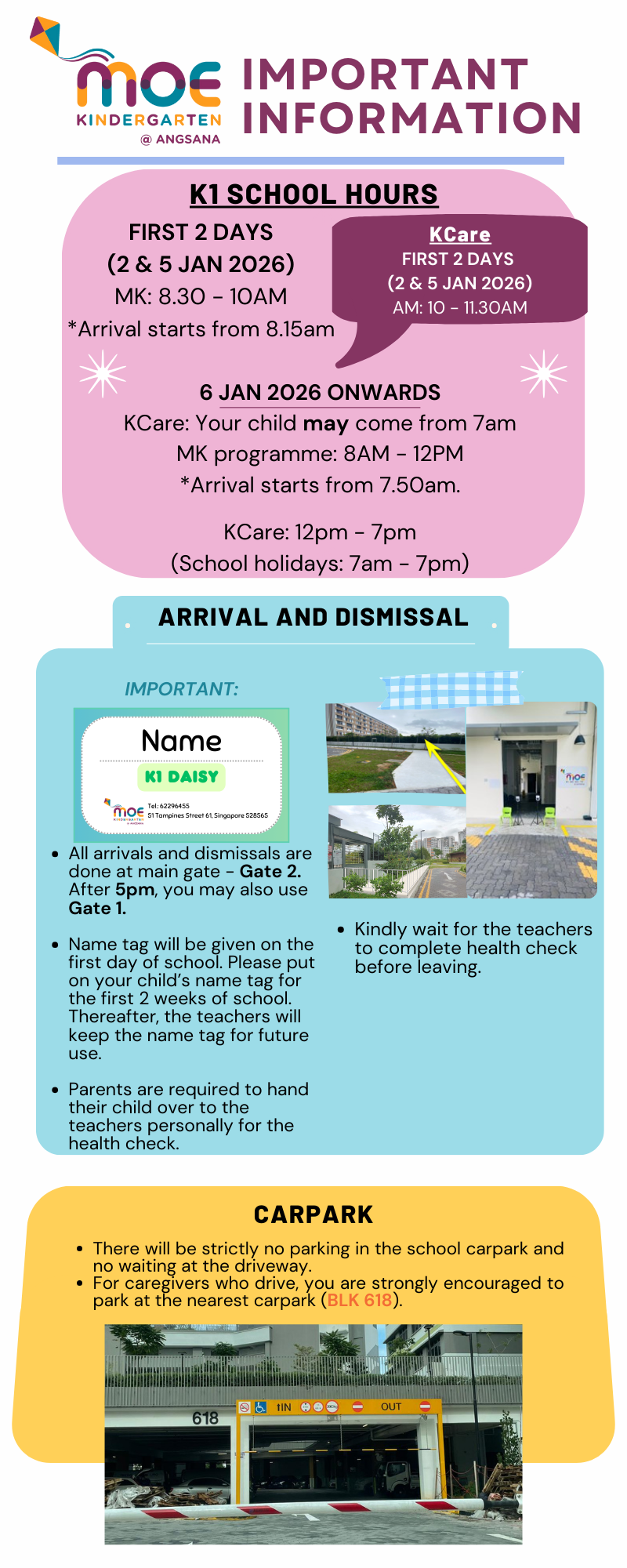 MOE Kindergarten at Angsana flyer with K1 school hours, arrival, dismissal, and carpark information.