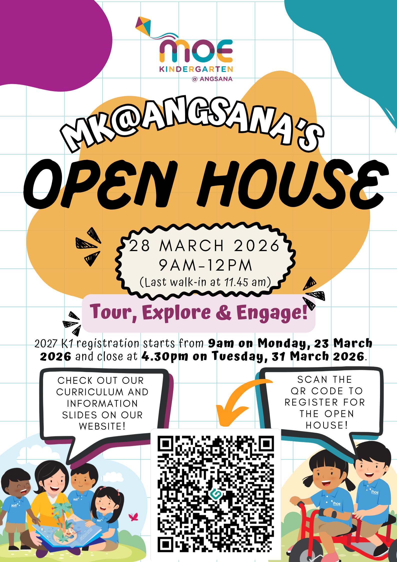 MOE Kindergarten at Angsana Open House flyer for 28 March 2026, 9AM-12PM, with QR code and cartoon children.