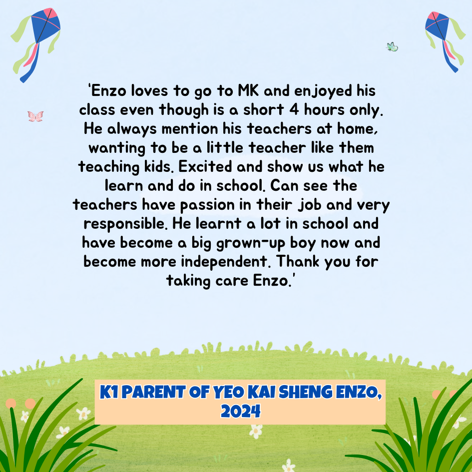 A parent testimonial about a child named Enzo enjoying school, with kites and butterflies on a light blue background.