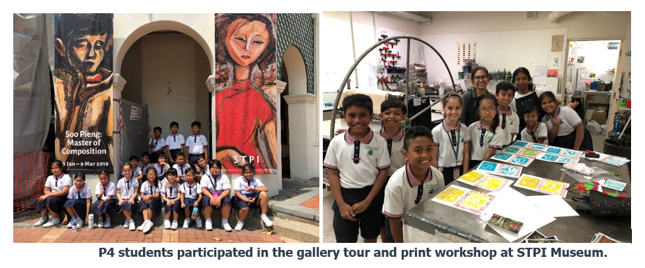 Students in white uniforms pose outside STPI Museum and inside a print workshop with colorful artworks.