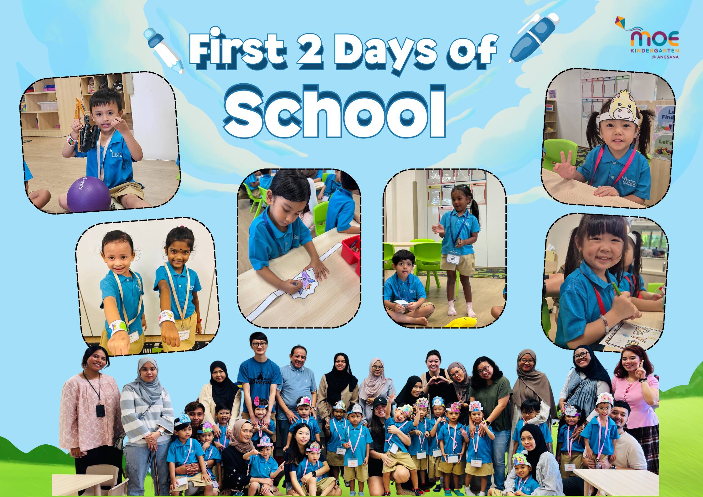 Collage of young children in blue MOE Kindergarten uniforms on their first two days of school.