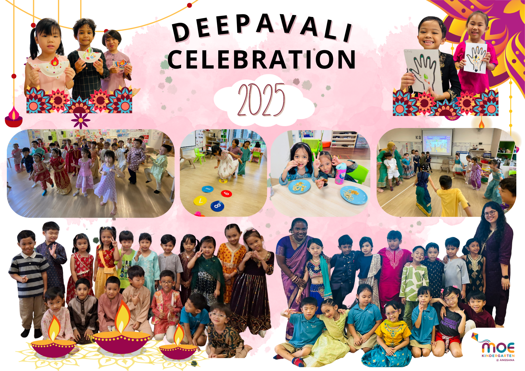 Collage of young children in traditional outfits celebrating Deepavali 2025 at MOE Kindergarten Angsana.