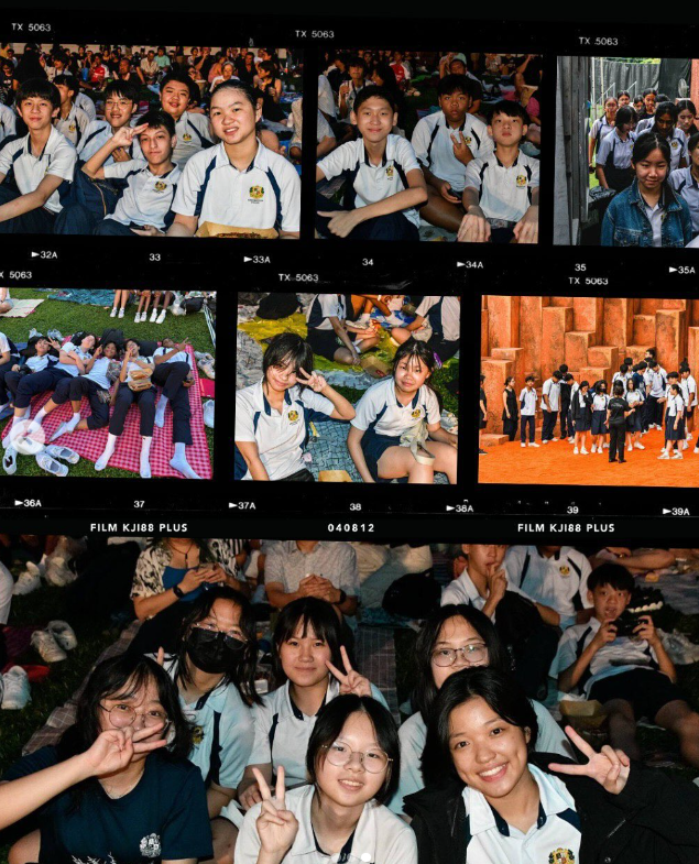 Film strip collage of school students in uniforms posing, relaxing on grass, and gathered outdoors.