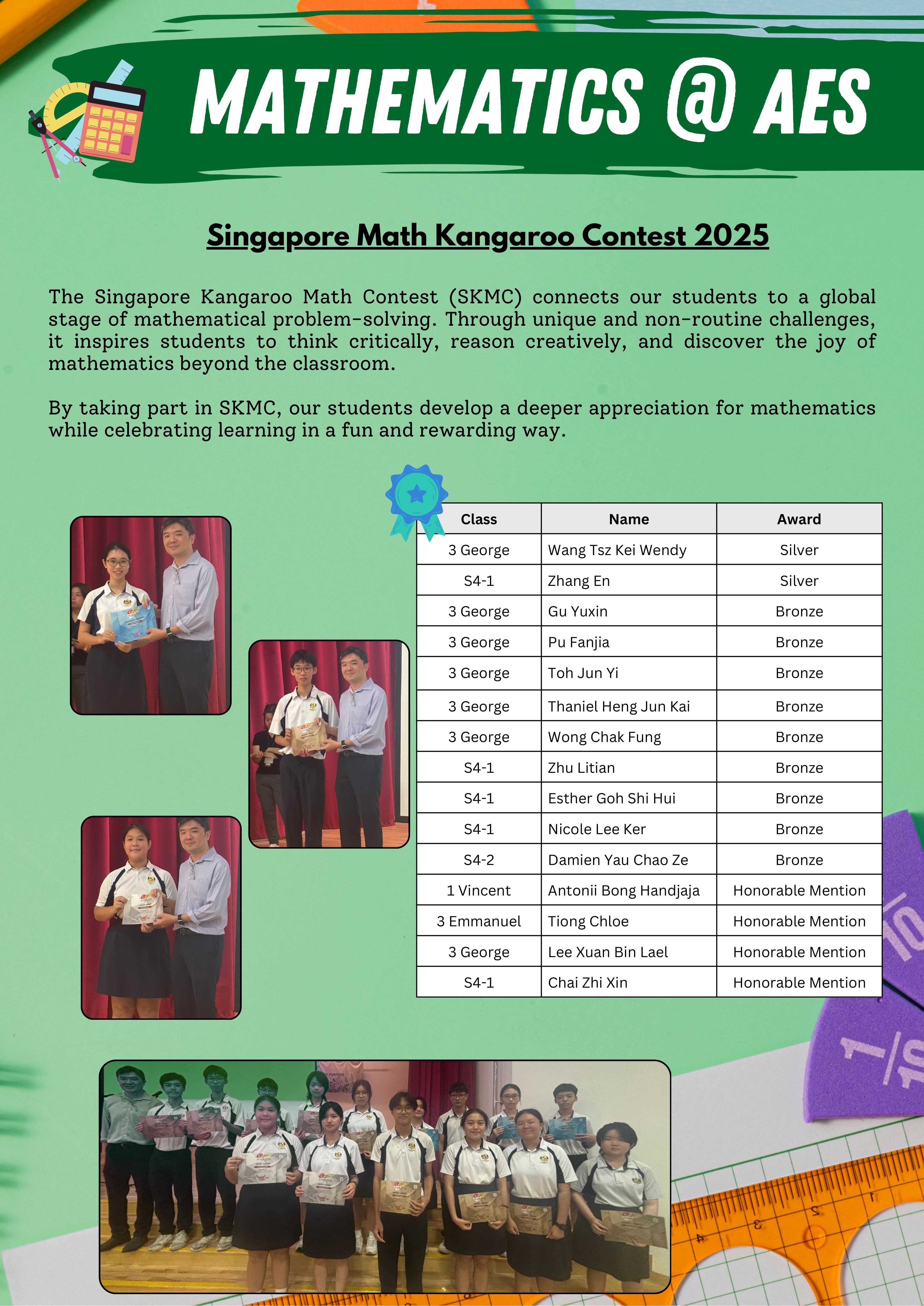 Flyer for Singapore Math Kangaroo Contest 2025 at AES, listing student award winners and showing group photos.