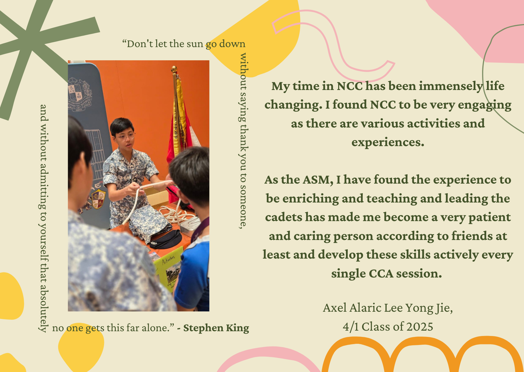 A student in uniform teaches rope skills to seated cadets, alongside a quote and testimonial about NCC experience.