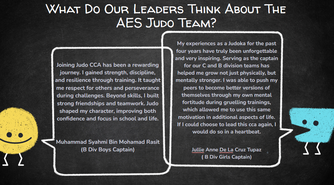 Chalkboard-style slide with two student quotes about the AES Judo Team from B Division captains.