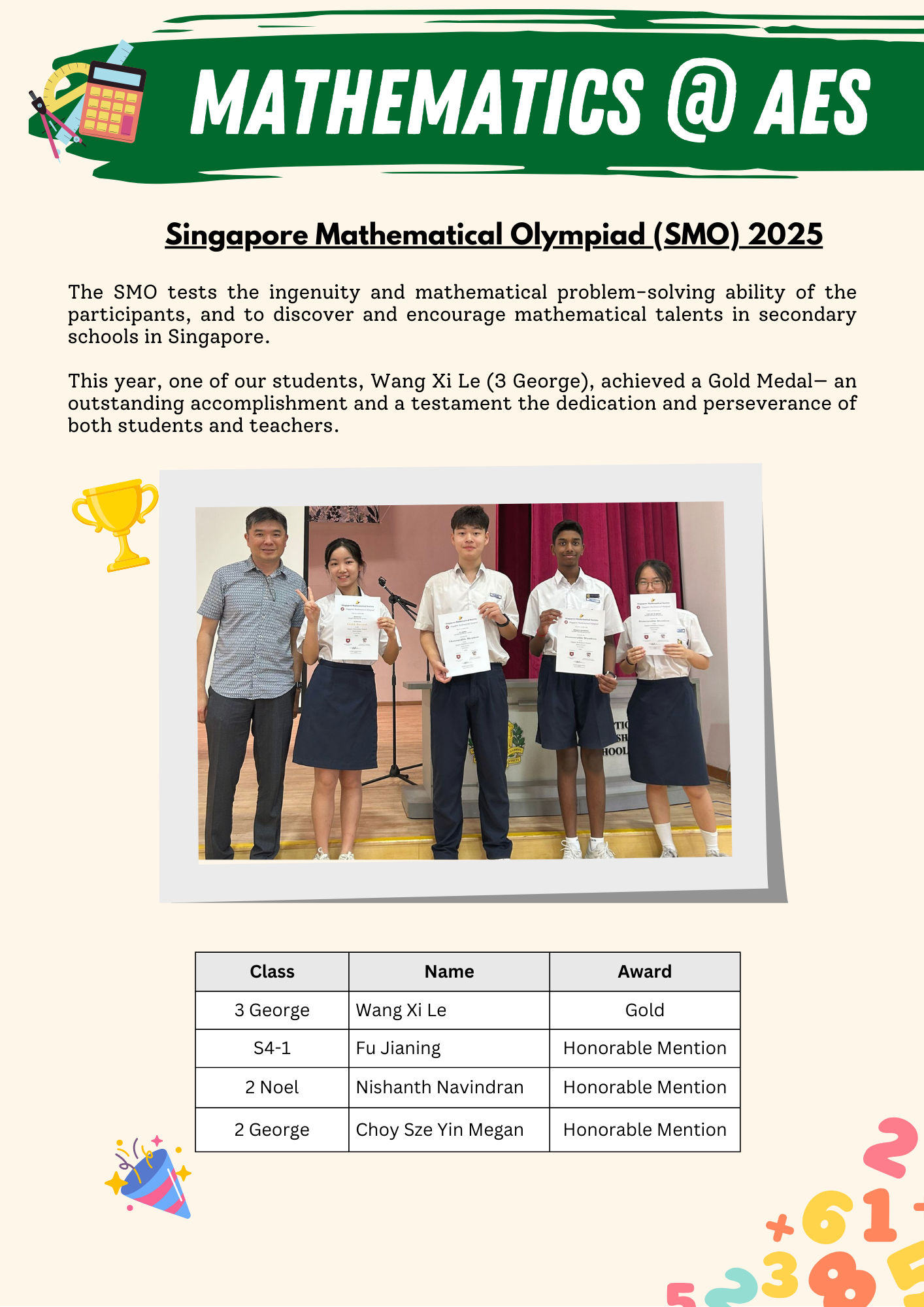 Flyer for Mathematics at AES announcing SMO 2025 results, with a photo of four students and a teacher holding certificates.