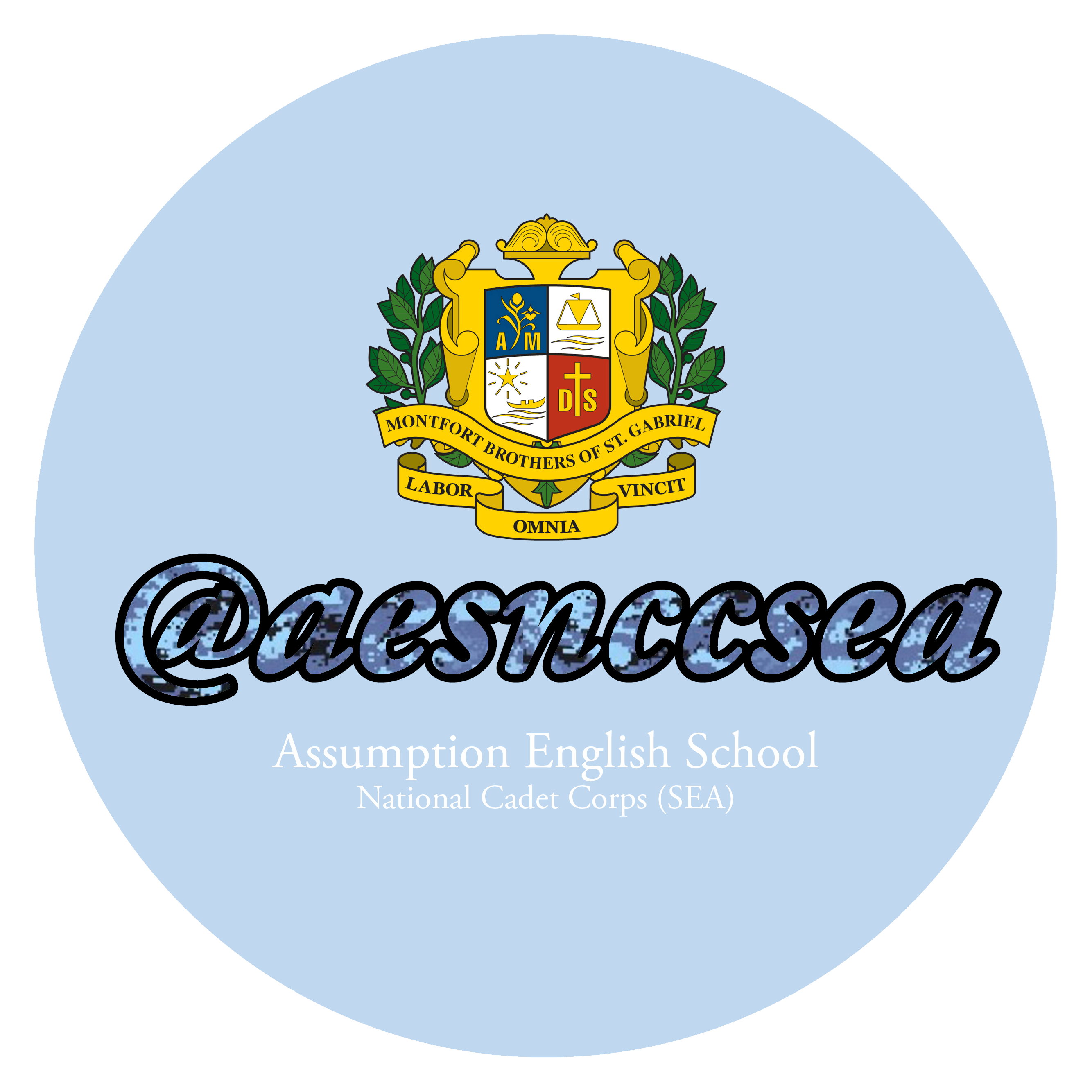 Light blue circular badge with Montfort Brothers coat of arms and text for Assumption English School National Cadet Corps SEA.