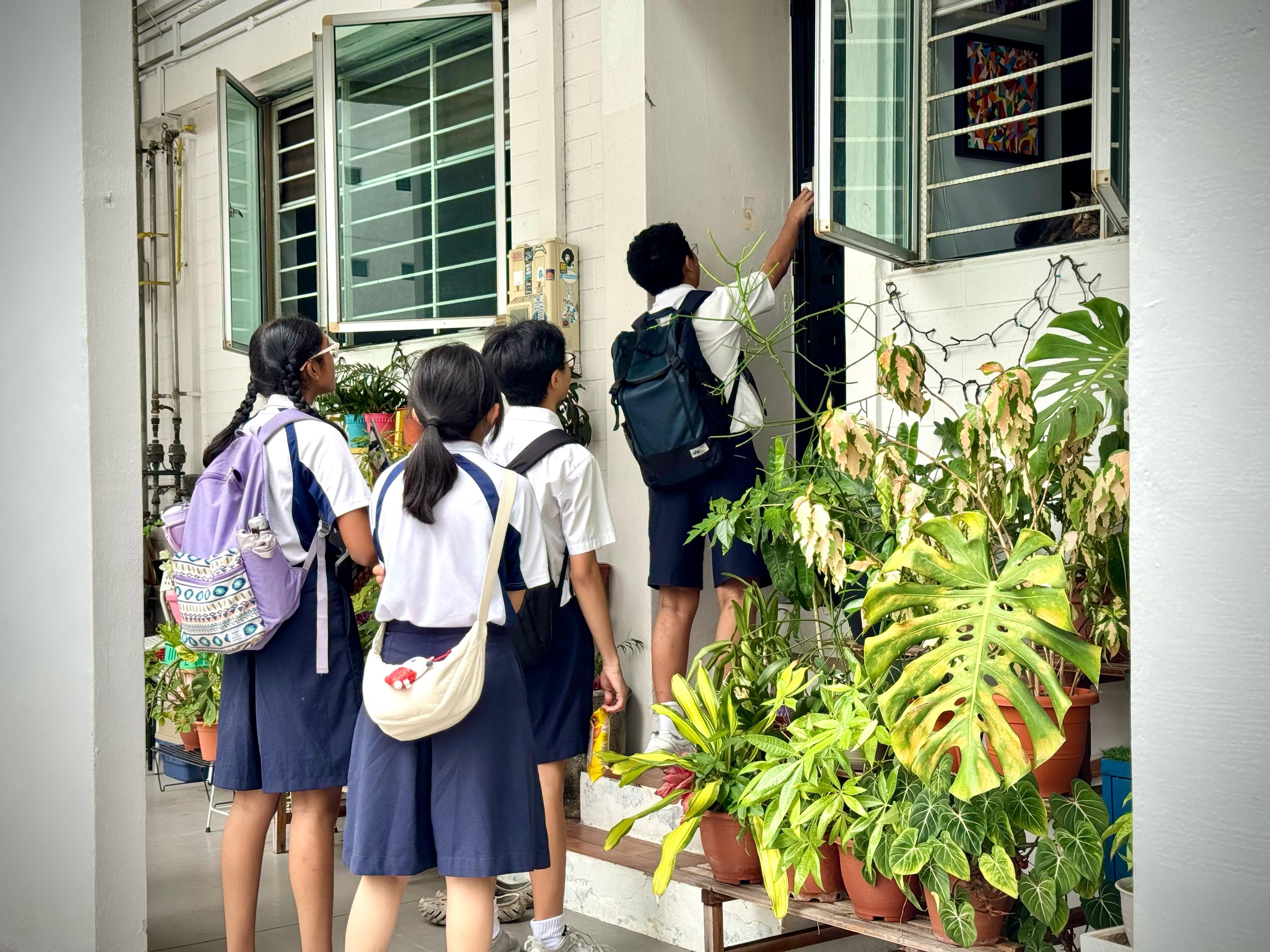 Four students in school uniforms with backpacks stand at a door surrounded by potted plants on a building corridor.