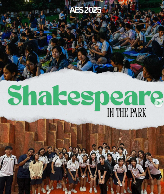 Poster for AES 2025 Shakespeare in the Park showing students sitting on grass and a group photo outdoors.