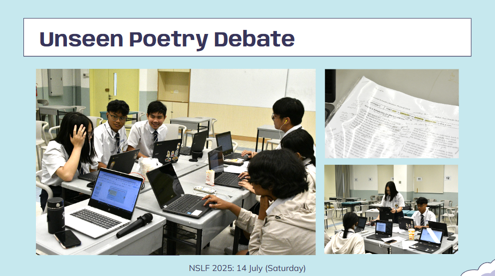 Students in school uniforms sit at desks with laptops during an Unseen Poetry Debate event on 14 July 2025.