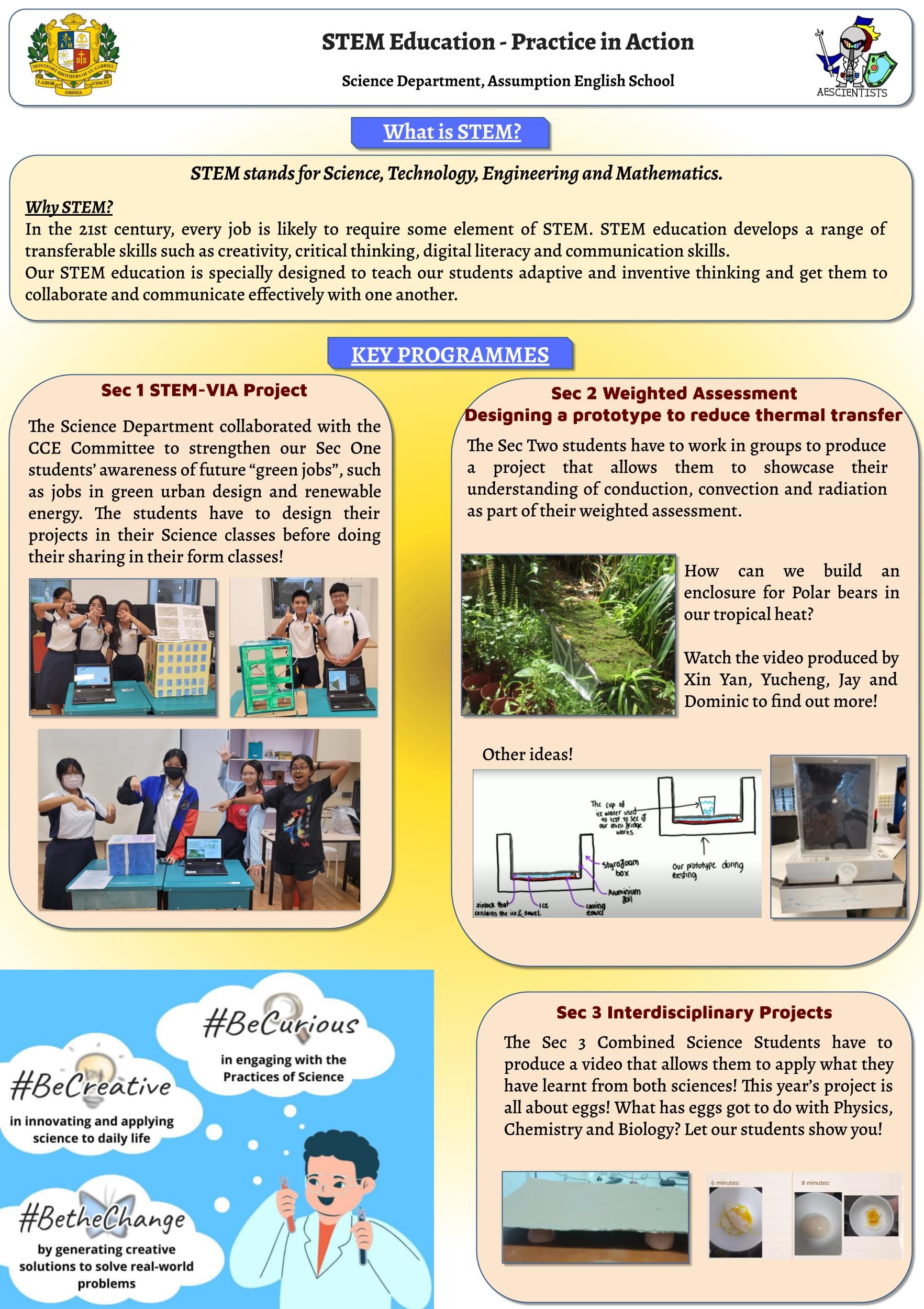 STEM Education poster from Assumption English School showing key programmes, student projects, and science activities.