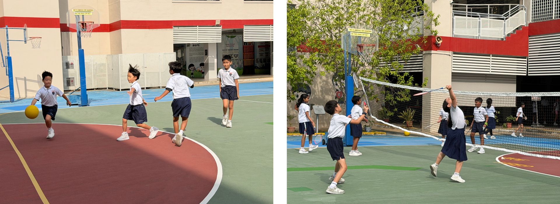 School children in uniforms play basketball on the left and badminton on the right at an outdoor school court.