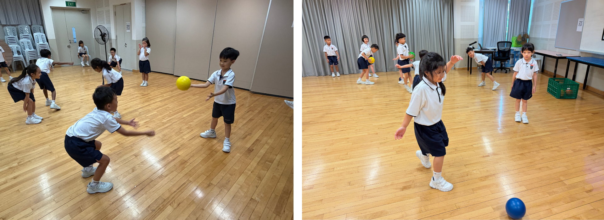 Young children in school uniforms playing with colorful balls on a wooden gym floor indoors.