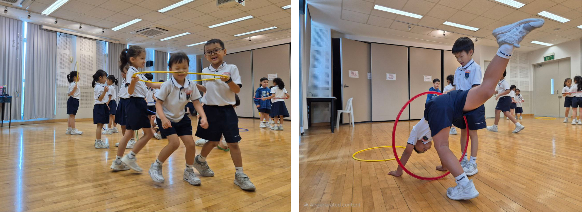 Children in school uniforms play with hula hoops in a gym; one child does a handstand through a red hoop.