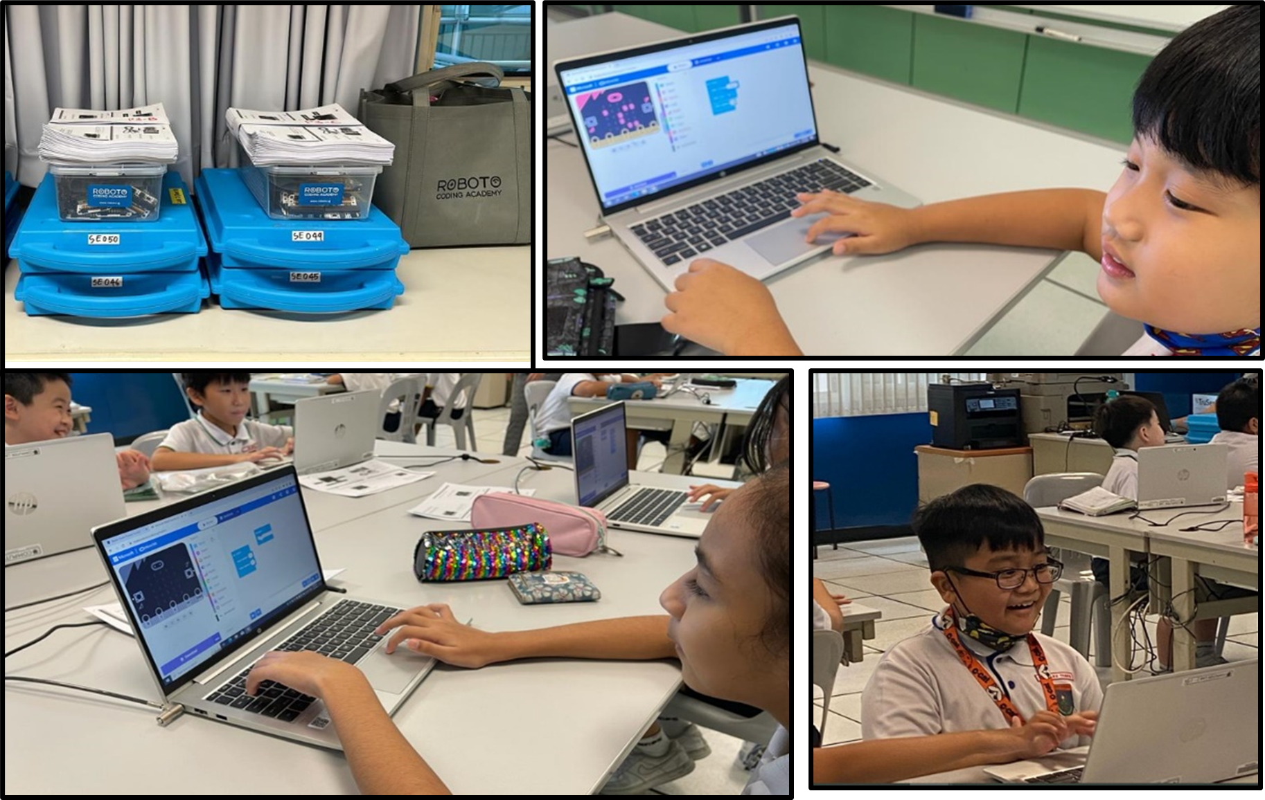 Collage of kids in a classroom using laptops, plus stacked blue kits and a tote bag on a table.