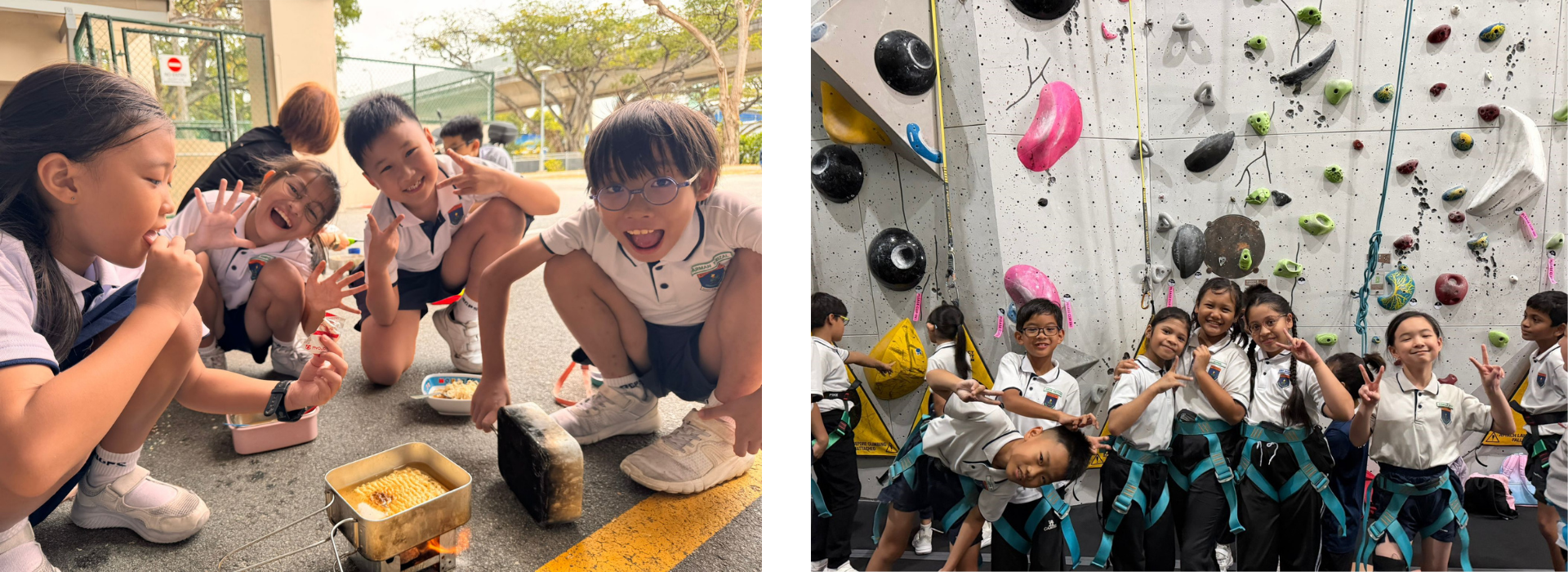 Children in school uniforms cook food outdoors on the left; on the right, kids in harnesses pose before a climbing wall.