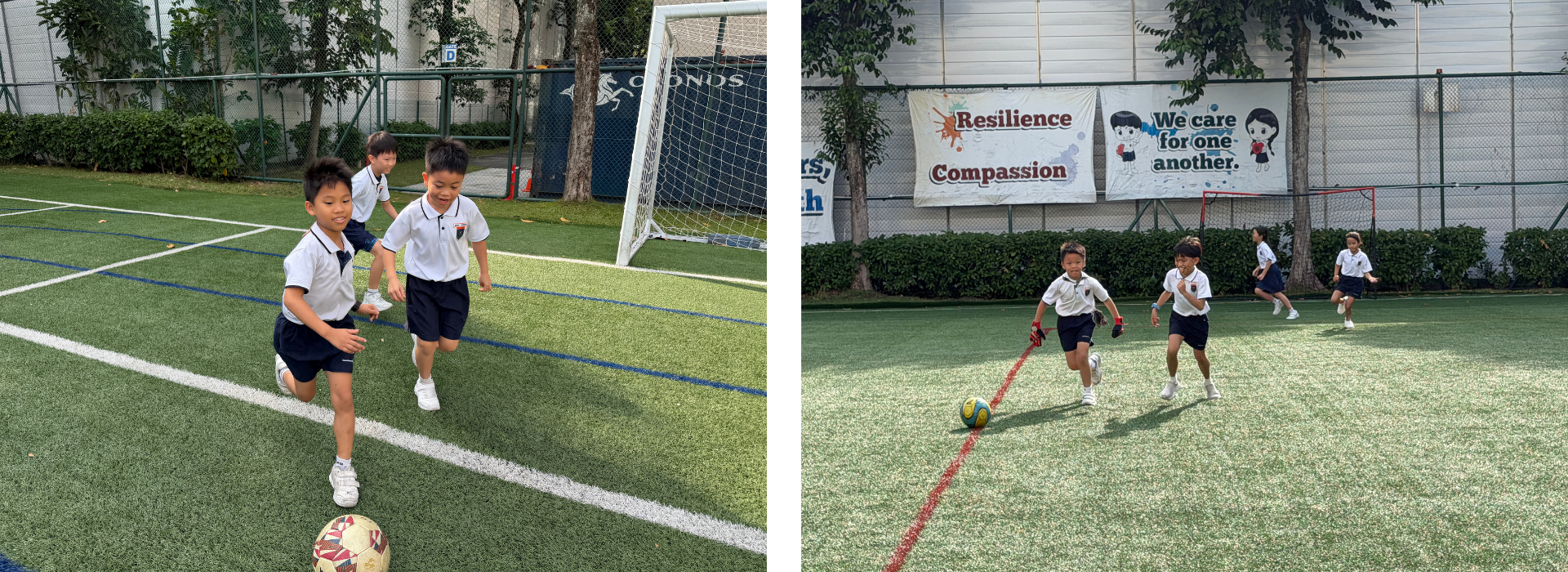 Young schoolchildren in uniforms playing soccer on an outdoor artificial turf field with banners reading Resilience and Compassion.