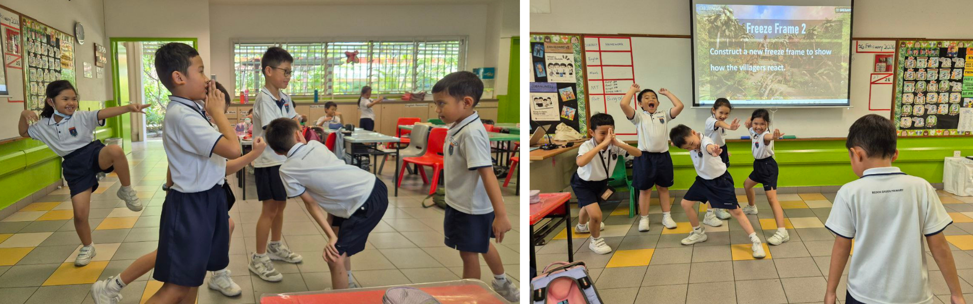 Young students in uniforms strike dramatic freeze frame poses in a classroom, with a projector slide reading "Freeze Frame 2."